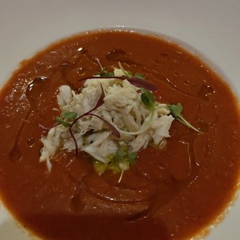 Oakleaf - Chilled tomato soup topped with fresh crab meat. - New American Near Me - Carrboro, North Carolina