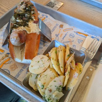 Wursthall - Garlic chard wurst w potato salad - German Near Me - San Mateo, California Wursthall - Garlic chard wurst w potato salad - German Near Me - San Mateo, California