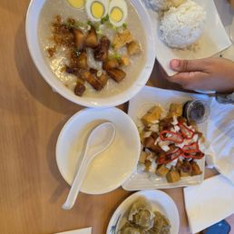 Tokwa't Baboy, siomai and arroz caldo with Lechon Kawali.