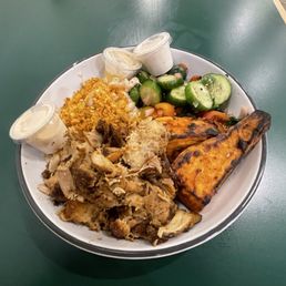 Charred Chicken Thigh, Sweet Potato, Tomatoes & Cucumbers, and Mac & Cheese. (1.17.25)