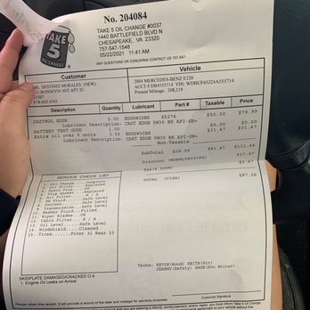 Take 5 Oil Change - Receipt for oil change - Oil Change Stations Near Me - Chesapeake, Virginia Take 5 Oil Change - Receipt for oil change - Oil Change Stations Near Me - Chesapeake, Virginia