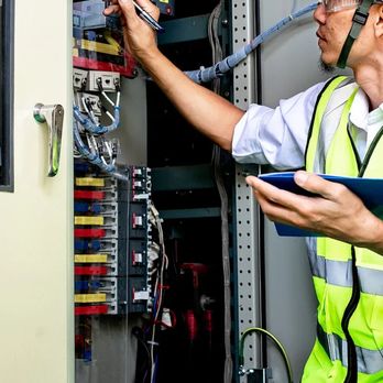 FS Electric - A safety-focused electrical inspector, wearing a hard hat and high-visibility vest, carefully examines a large industrial con... - Electricians Near Me - San Francisco, California