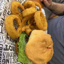Legendz Sports Bar & Grill - Triple B burger upgrade to onion rings
