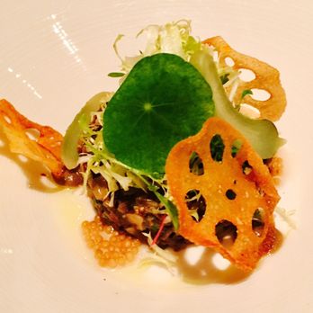 Cafe Gray Deluxe - Revitalising Menu: tartare of organic chestnut mushrooms, lotus root, cornichons, mustard - Bars Near Me - Hong Kong, HK