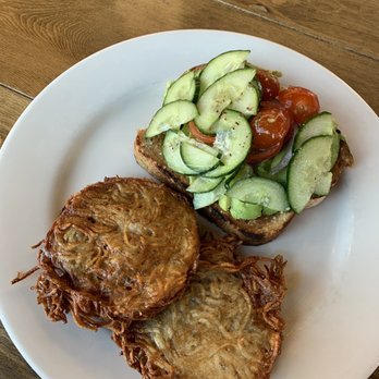 Bramble - 3 Sirens Restaurant Group - Avocado Toast with cucumber and tomato with a side of has browns - Breakfast & Brunch Near Me - Tulsa, Oklahoma