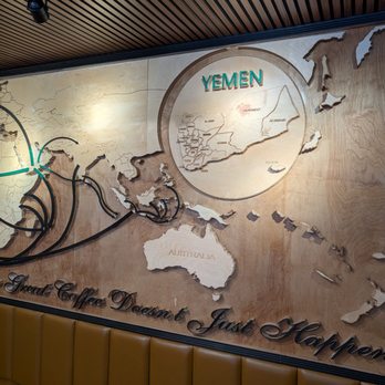 Qahwah House - Map decoration showing the origins and propagation of coffee beans around the world - Coffee & Tea Near Me - Brooklyn, New York Qahwah House - Map decoration showing the origins and propagation of coffee beans around the world - Coffee & Tea Near Me - Brooklyn, New York
