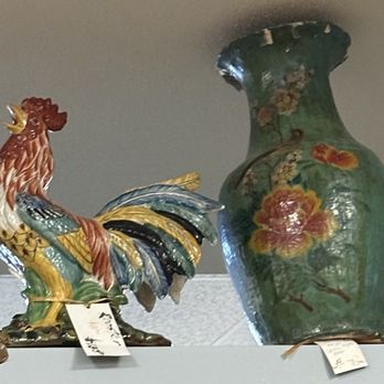 Blue Octopus Antiques & Artisans - Proud crowing rooster and a Chinese paper mache urn from a couple of centuries ago. - Antiques Near Me - Eden, North Carolina