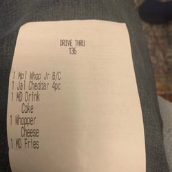 Burger King - A receipt from order with missing item. The mini burger was missing.