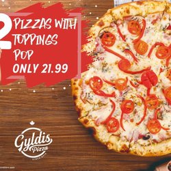 Gyldis Pizza - Looking for a good promo? Enjoy 2 pizzas with 2 toppings and 2lt pop with us!. Link in bio to order online.