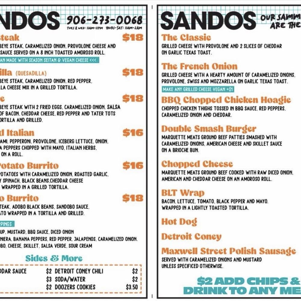 Sandos Eatery - Menu - Sandwiches Near Me - Marquette, Michigan
