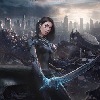 Apple ABQ Uptown - Dua lipa - A woman with dark hair, wearing a futuristic, cyberpunk-inspired outfit with metallic and glowing elements, holds a large, glowing sword. The background depicts a destroyed city with collapsed buildings and a cloudy sky, creating a post-apocalyptic scene. - Computers Near Me - Albuquerque, New Mexico