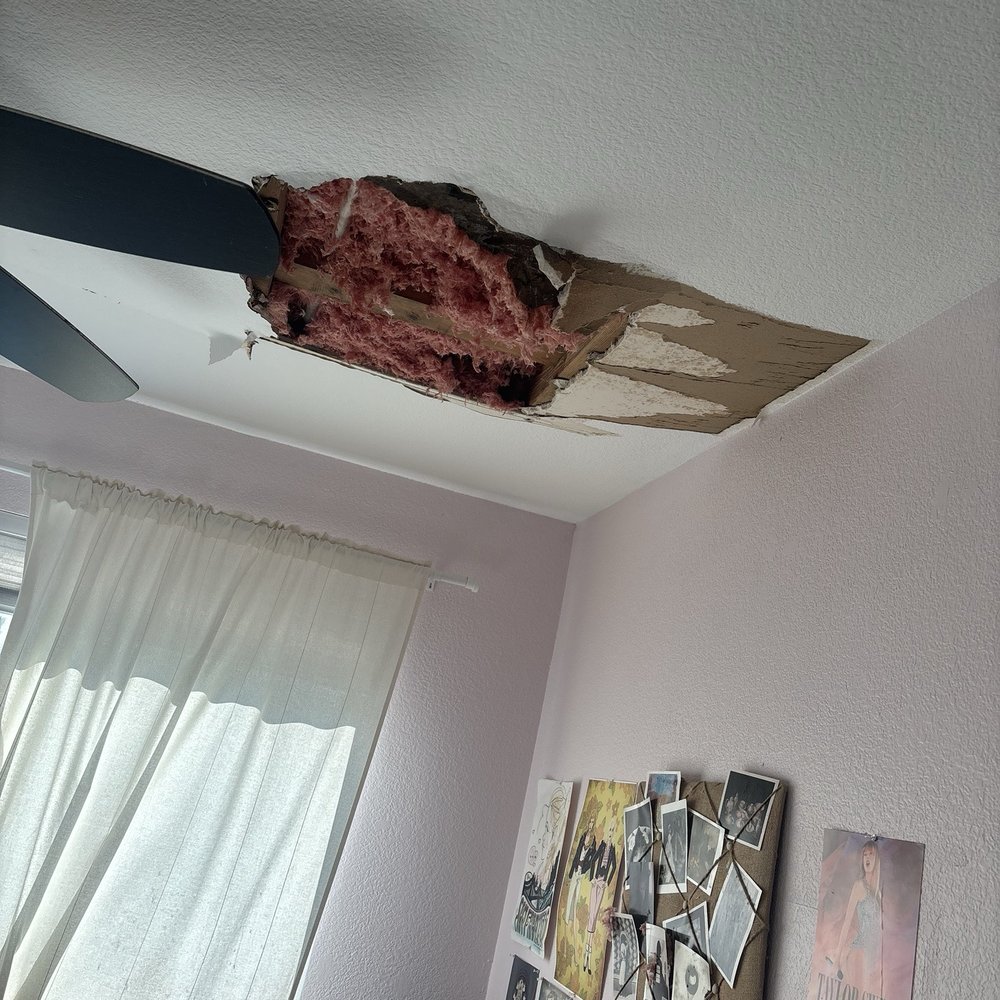 Damage to ceiling from a leak. Damage to ceiling from a leak.
