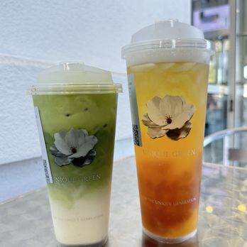 UG Tea - Left: Next Level Matcha Latte. Right: Mango Rice Floral Fruit Tea with Floral Tea Jelly. - Bubble Tea Near Me - Milpitas, California UG Tea - Left: Next Level Matcha Latte. Right: Mango Rice Floral Fruit Tea with Floral Tea Jelly. - Bubble Tea Near Me - Milpitas, California