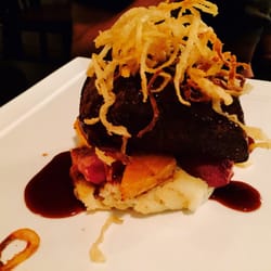 The Dish Cafe - Beef sirloin with jus de vin, potatoes, radishes and crispy onions