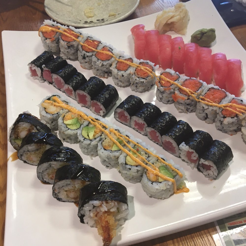 Top to bottom: tun nigiri, spicy tuna roll, tuna roll, crunchy shrimp roll, shrimp tempura roll. Top to bottom: tun nigiri, spicy tuna roll, tuna roll, crunchy shrimp roll, shrimp tempura roll.