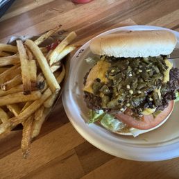Green chile cheeseburger ("Buckhorn Burger") & fries. Scrumptious! Green chile cheeseburger ("Buckhorn Burger") & fries. Scrumptious!