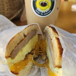 Breakfast everything bagel ham egg and cheese with an iced hazelnut latte Breakfast everything bagel ham egg and cheese with an iced hazelnut latte