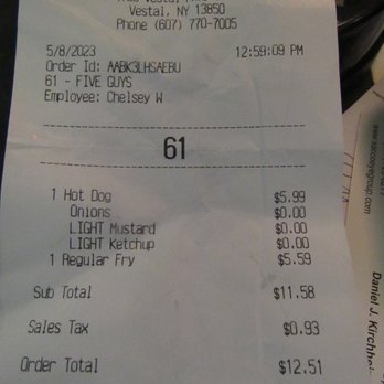 Five Guys - incinerated FRIES & limp dog & RAW onions ... uck - Burgers Near Me - Vestal, New York
