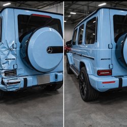 Invisible Touch - Before/after of a light blue Mercedes-Benz G-Class (AMG), rear passenger-quarter view. Before: crumpled quarter panel and cra...
