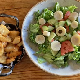 Mandioca Frita com Queijo Parmesão Fresco (fried cassava with parmesan cheese) & Salada Verde (lettuce, cucumber, tomatoes, hearts of palm) Mandioca Frita com Queijo Parmesão Fresco (fried cassava with parmesan cheese) & Salada Verde (lettuce, cucumber, tomatoes, hearts of palm)