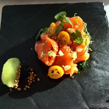 Luce - trout crudo with kumquat w/ buckwheat rice puffs - Wine Bars Near Me - San Francisco, California Luce - trout crudo with kumquat w/ buckwheat rice puffs - Wine Bars Near Me - San Francisco, California