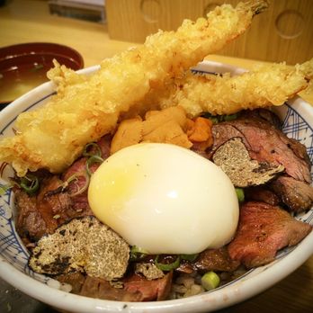 Tendon Kohaku - Black truffle grilled steak don set w/ uni topping, soft egg and side of tempura shrimp. Flavor was great. but everything was lukewarm?. - Japanese Near Me - Bellevue, Washington Tendon Kohaku - Black truffle grilled steak don set w/ uni topping, soft egg and side of tempura shrimp. Flavor was great. but everything was lukewarm?. - Japanese Near Me - Bellevue, Washington
