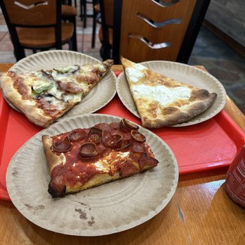 Famiglia Pizzeria - grandma slice with pepperoni cups, supreme style slice and a white slice - Pizza Near Me - White Plains, New York Famiglia Pizzeria - grandma slice with pepperoni cups, supreme style slice and a white slice - Pizza Near Me - White Plains, New York