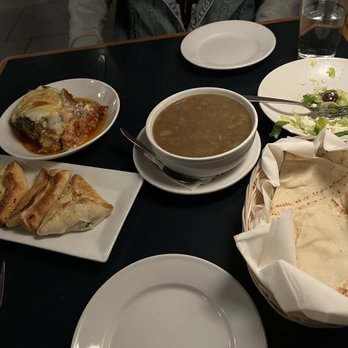 Ali Baba - 3 pies (L to R): cheese, meat, spinach & feta, Moussaka, Syrian Soup, Tossed Salad, Pita Bread - Middle Eastern Near Me - Pittsburgh, Pennsylvania
