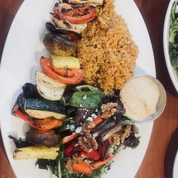 Panini Kabob Grill - Veggie kebab with bulgur pilaf and strawberry salad - Mediterranean Near Me - Long Beach, California