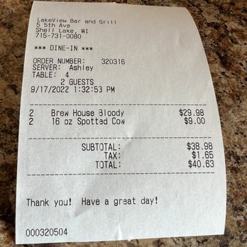 Lakeview Bar & Grill - Our check - American Near Me - Shell Lake, Wisconsin