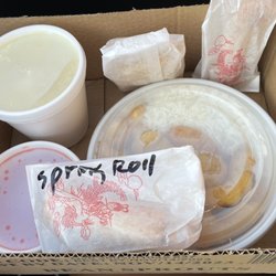 Great Wall - Take out: Egg Drop Soup; Lunch Sweet & Sour Chicken; White Rice; Spring Roll; Fried Pork Egg Roll