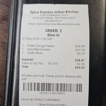 Spice Express Indian Kitchen - Receipt - Indian Near Me - Pigeon Forge, Tennessee