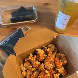 Popcorn Chicken & Spicy Salmon Rice Ball & Peach Tea Popcorn Chicken & Spicy Salmon Rice Ball & Peach Tea
