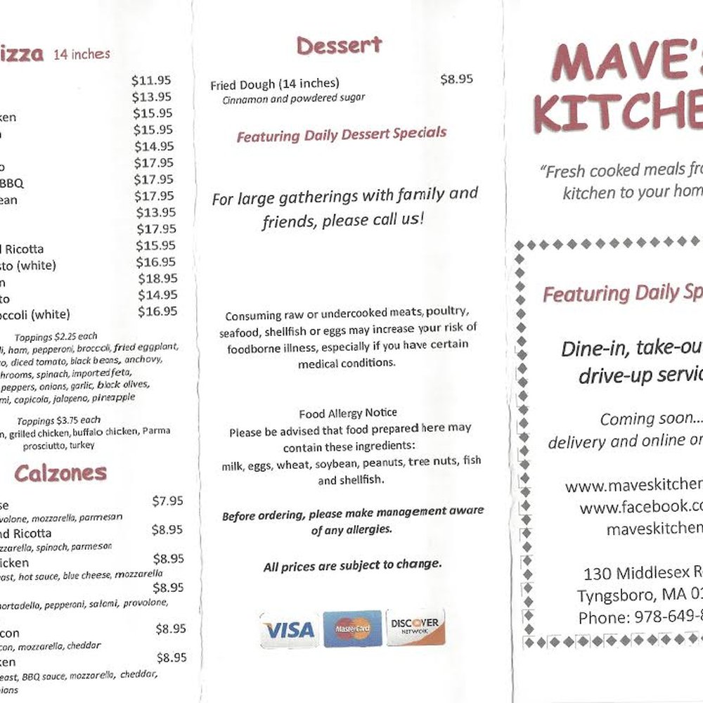 Mave's Kitchen - Side 1 of Paper Menu - Easier to Read - Pizza Near Me - Tyngsboro, Massachusetts Mave's Kitchen - Side 1 of Paper Menu - Easier to Read - Pizza Near Me - Tyngsboro, Massachusetts