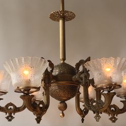 Old Town Antique Lighting - New to inventory. Fabulous, heavy 6 light electrified gasolier. With antique gorgeous double etched shades.