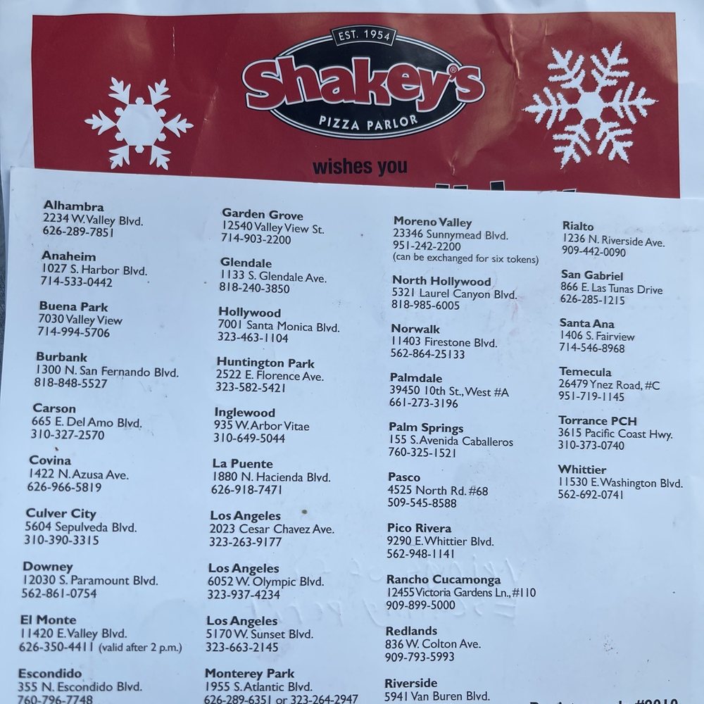 Shakey's Pizza Parlor - Thanks for giving my book worms a free personal pizza - Pizza Near Me - Whittier, California Shakey's Pizza Parlor - Thanks for giving my book worms a free personal pizza - Pizza Near Me - Whittier, California