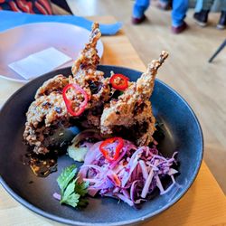 Pompette - Buttermilk Fried Quail - kohlrabi-parsnip-apple slaw, cornbread puree, hot honey