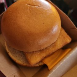 McDonald's - Dry, hard bun, barely any sauce on it, cheese was waxy. We gave it to the dogs. What a waste of money this was.