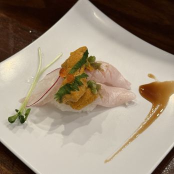 Tomo Sushi - Chef's special! 2 Piece Halibut Sushi with uni - Sushi Bars Near Me - Laguna Woods, California Tomo Sushi - Chef's special! 2 Piece Halibut Sushi with uni - Sushi Bars Near Me - Laguna Woods, California