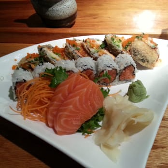 Sushi Yokohama - From the back to the front: Dragon Eye Roll, Spicy Crunchy Tuna Roll and Two pieces of Salmon Sashimi - Sushi Bars Near Me - Somerville, New Jersey Sushi Yokohama - From the back to the front: Dragon Eye Roll, Spicy Crunchy Tuna Roll and Two pieces of Salmon Sashimi - Sushi Bars Near Me - Somerville, New Jersey
