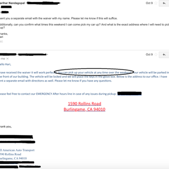 moveauto - email from All American stating that I could pick up my car on the weekend. - Vehicle Shipping Near Me - Burlingame, California moveauto - email from All American stating that I could pick up my car on the weekend. - Vehicle Shipping Near Me - Burlingame, California