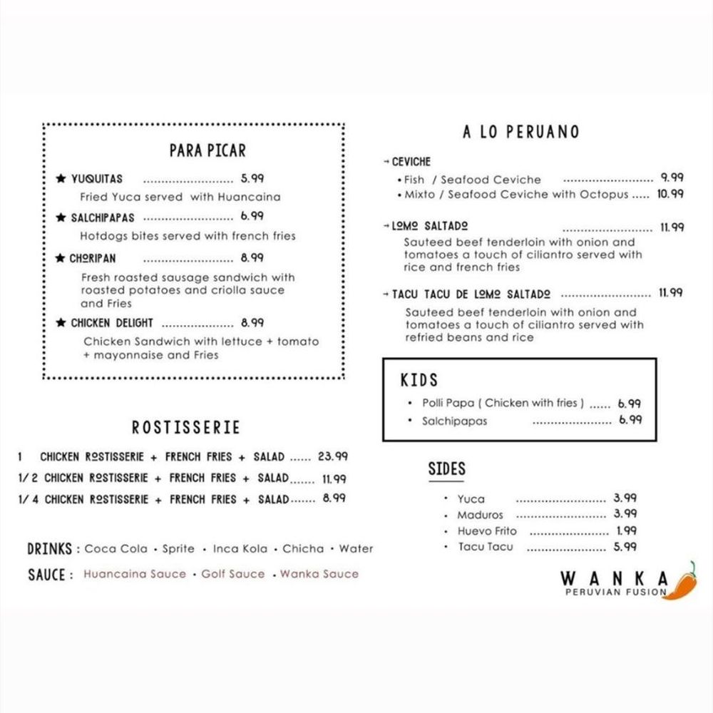 Wanka - Menu for 6/2/2020. They'll be at Alexan Exchange from 5-8 pm. - Peruvian Near Me - Cypress, Texas Wanka - Menu for 6/2/2020. They'll be at Alexan Exchange from 5-8 pm. - Peruvian Near Me - Cypress, Texas