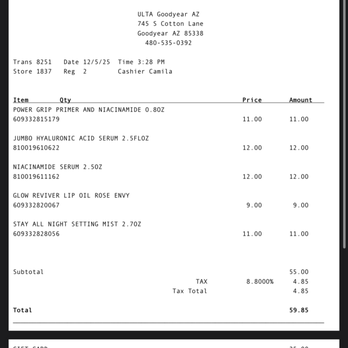 Ulta Beauty - Receipt from transaction - Cosmetics & Beauty Supply Near Me - Goodyear, Arizona Ulta Beauty - Receipt from transaction - Cosmetics & Beauty Supply Near Me - Goodyear, Arizona