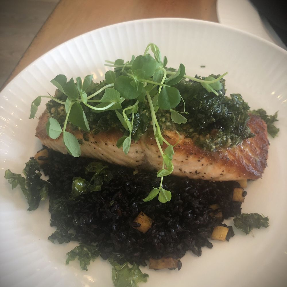 Root & Bone - Salmon with black rice risotto, hazelnut pesto, butternut squash, and kale! Tasted absolutely exquisite! - Barbeque Near Me - Chesterton, Indiana Root & Bone - Salmon with black rice risotto, hazelnut pesto, butternut squash, and kale! Tasted absolutely exquisite! - Barbeque Near Me - Chesterton, Indiana