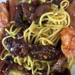 Nice plate of food. Chowmein, Teriyaki Pork and Fish