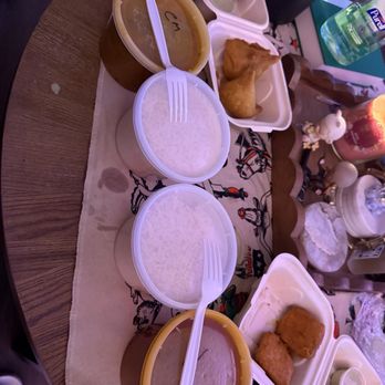 Naan Point - Chicken Mushroom and Lamb Vindaloo with two orders of basmati rice. Samosa with potato inside, alongside an order of Paneer Pakora - Indian Near Me - San Bruno, California