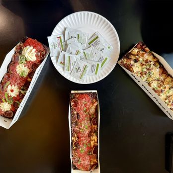 Frico - Left to right: Detroit Mini Hot Honey, Detroit Mini Triple Threat, Detroit Mini Island Remix - Pizza Near Me - Sacramento, California Frico - Left to right: Detroit Mini Hot Honey, Detroit Mini Triple Threat, Detroit Mini Island Remix - Pizza Near Me - Sacramento, California