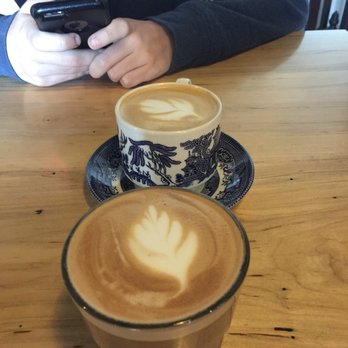Methodical Coffee - Tres Leche in blue cup. Mocha in glass. - Coffee & Tea Near Me - Greenville, South Carolina
