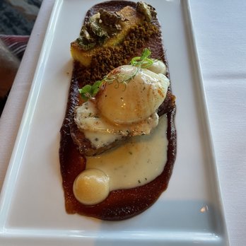 The Bay House - Pork belly starter with lightly cooked egg and polenta cake - delicious! - New American Near Me - Dayton, Oregon The Bay House - Pork belly starter with lightly cooked egg and polenta cake - delicious! - New American Near Me - Dayton, Oregon