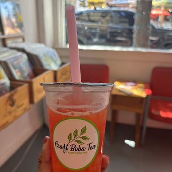 Craft Boba Tea - Strawberry Passionfruit tea with Peach Popping Boba - Bubble Tea Near Me - Dallas, Texas Craft Boba Tea - Strawberry Passionfruit tea with Peach Popping Boba - Bubble Tea Near Me - Dallas, Texas